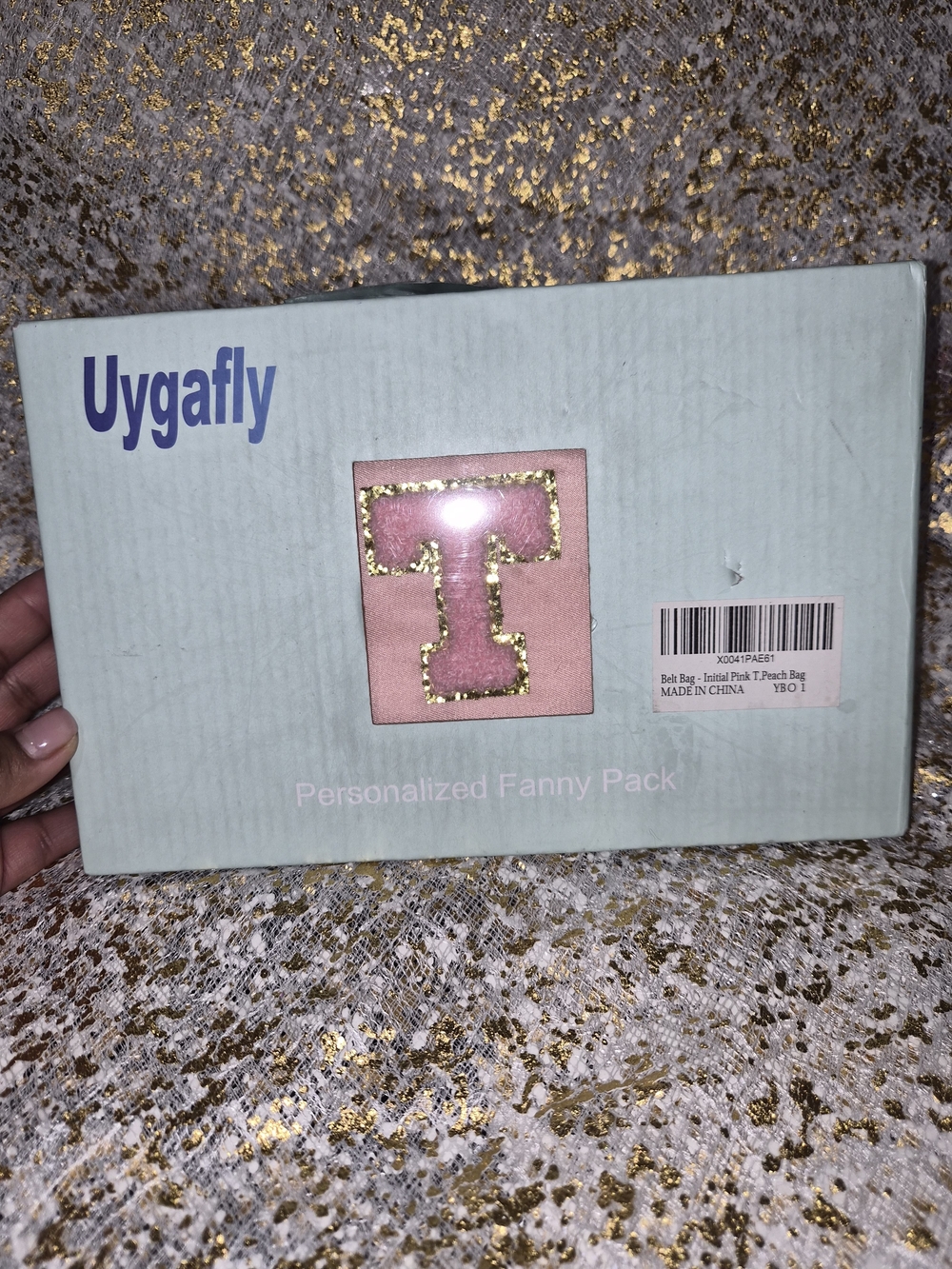 Uygafly  Pink Fanny Pack with Gold Trim Initial T